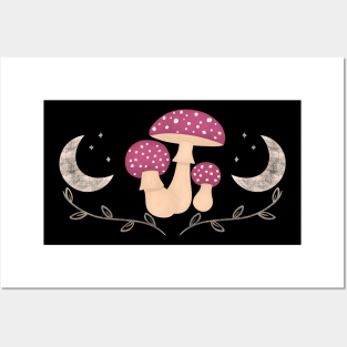 Moons and Mushrooms -Pink Posters and Art